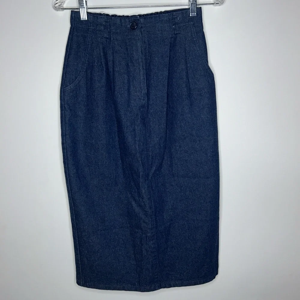 Suburban Petites VTG 80s Denim Skirt Sz 6 P Maxi Pencil Pockets Pleated Blue USA